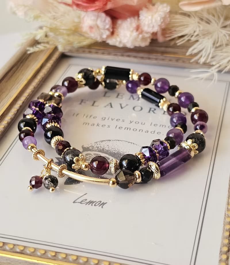 女巫的低語-雙圈水晶手鍊/黑髮晶/紅石榴/紫水晶/金運石/茶晶