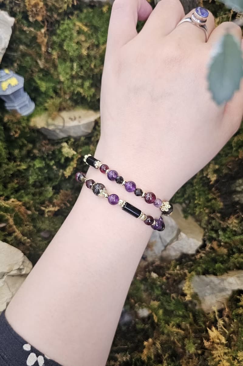 女巫的低語-雙圈水晶手鍊/黑髮晶/紅石榴/紫水晶/金運石/茶晶