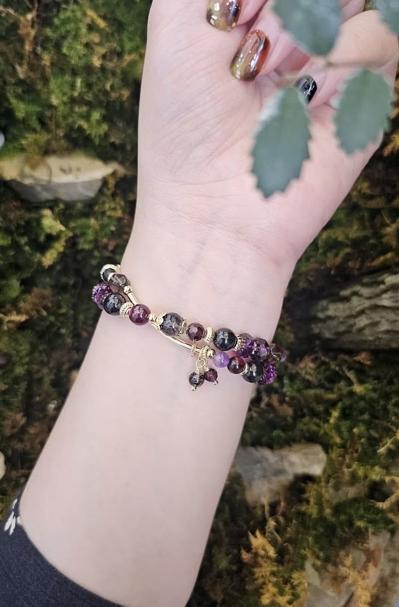 女巫的低語-雙圈水晶手鍊/黑髮晶/紅石榴/紫水晶/金運石/茶晶