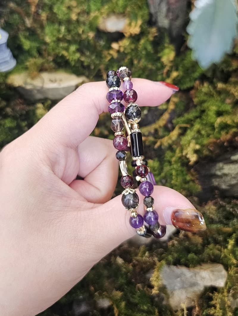 女巫的低語-雙圈水晶手鍊/黑髮晶/紅石榴/紫水晶/金運石/茶晶