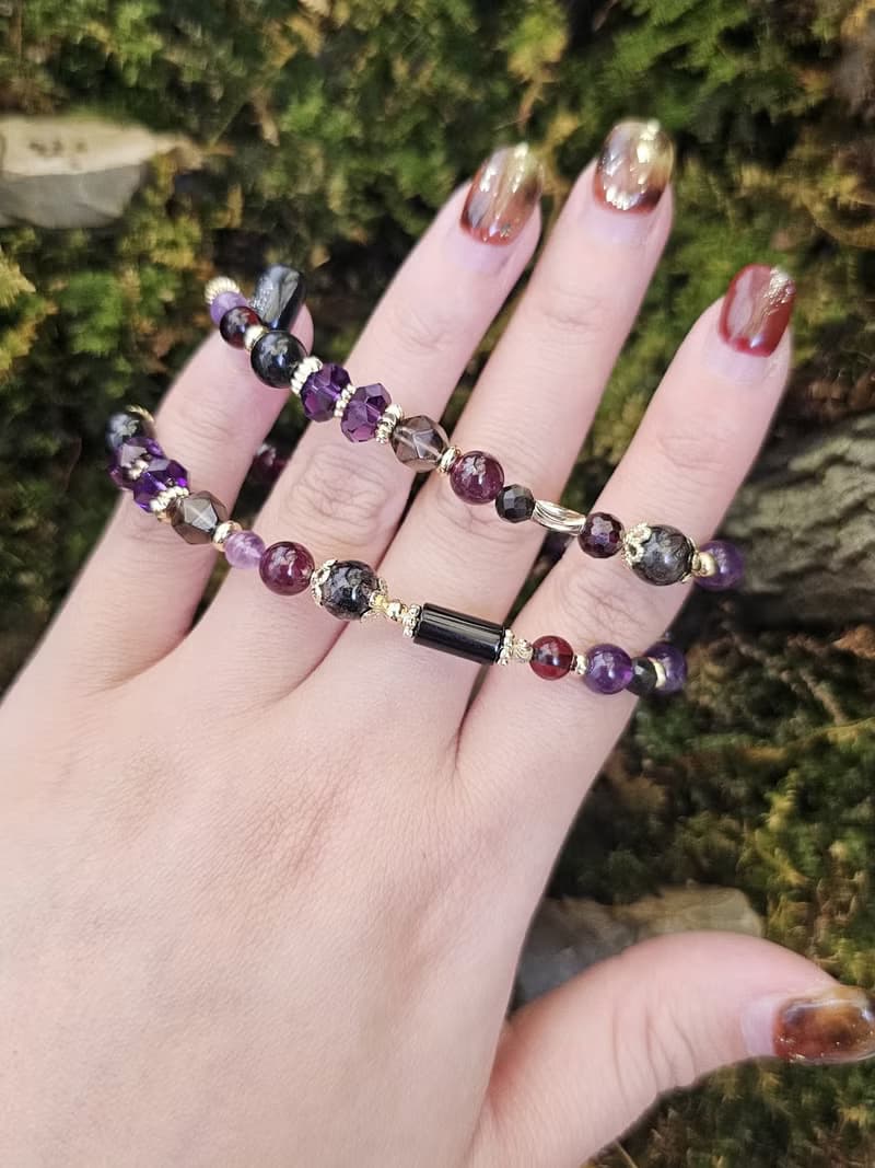 女巫的低語-雙圈水晶手鍊/黑髮晶/紅石榴/紫水晶/金運石/茶晶