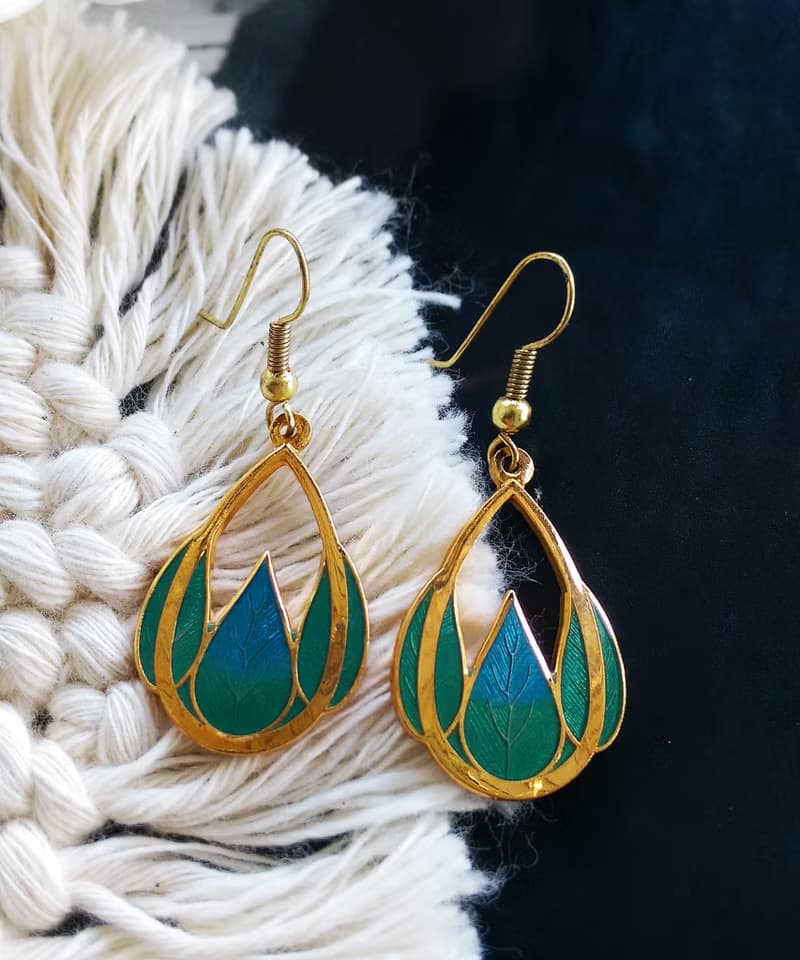 Vintage Jewelry 西洋古董飾品 景泰藍 花瓣綠 耳勾 針式耳環