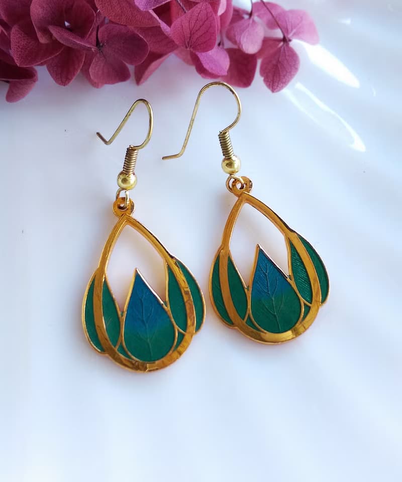 Vintage Jewelry 西洋古董飾品 景泰藍 花瓣綠 耳勾 針式耳環