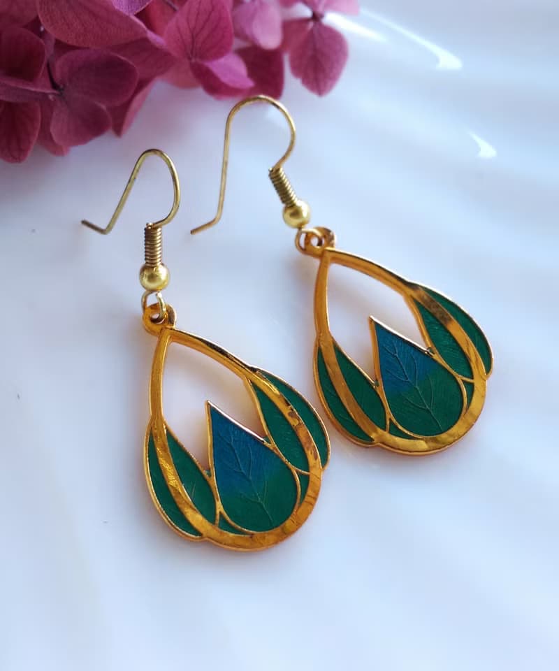 Vintage Jewelry 西洋古董飾品 景泰藍 花瓣綠 耳勾 針式耳環