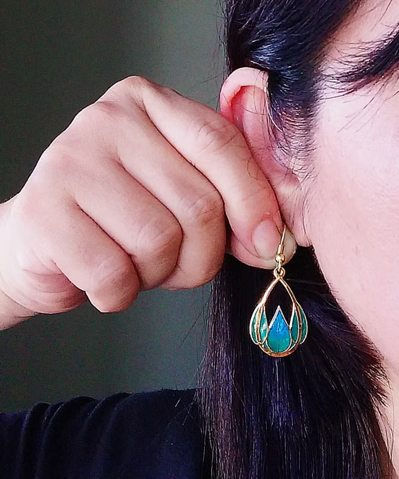 Vintage Jewelry 西洋古董飾品 景泰藍 花瓣綠 耳勾 針式耳環