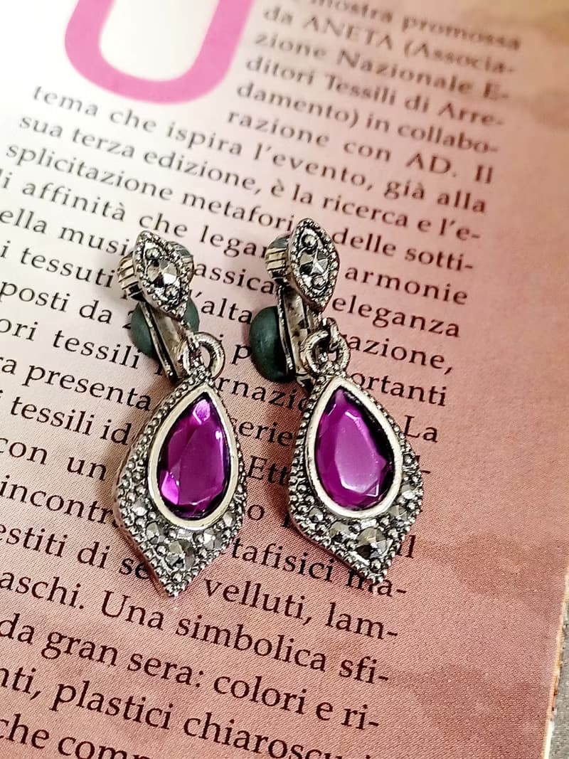 vintage jewelry  神秘亮麗紫晶吊飾 夾式耳環