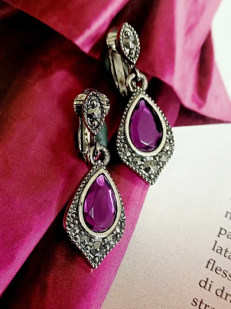 vintage jewelry  神秘亮麗紫晶吊飾 夾式耳環