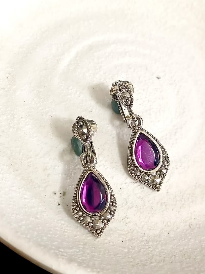 vintage jewelry  神秘亮麗紫晶吊飾 夾式耳環