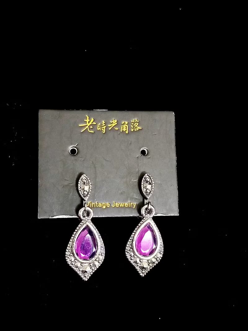 vintage jewelry  神秘亮麗紫晶吊飾 夾式耳環