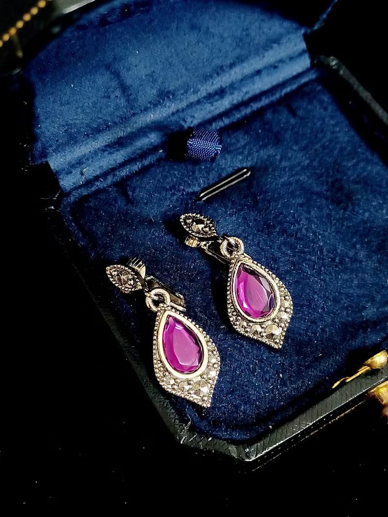 vintage jewelry  神秘亮麗紫晶吊飾 夾式耳環