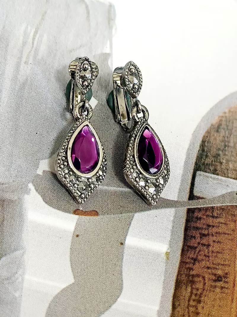 vintage jewelry  神秘亮麗紫晶吊飾 夾式耳環