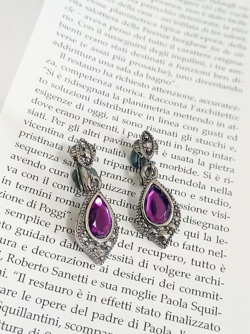 vintage jewelry  神秘亮麗紫晶吊飾 夾式耳環