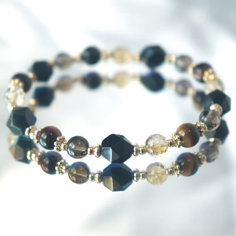 黑曜石-黃水晶-茶晶-虎眼石-招財-防小人-水晶手鍊