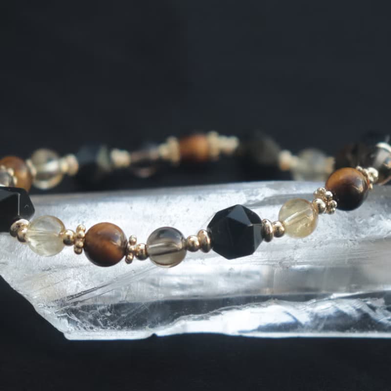 黑曜石-黃水晶-茶晶-虎眼石-招財-防小人-水晶手鍊