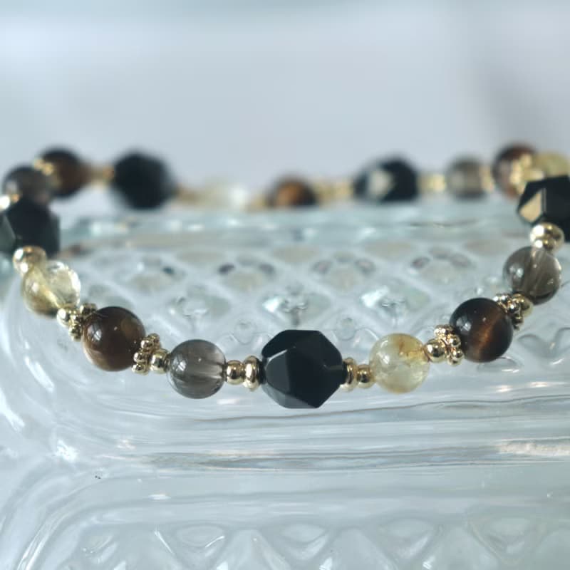 黑曜石-黃水晶-茶晶-虎眼石-招財-防小人-水晶手鍊