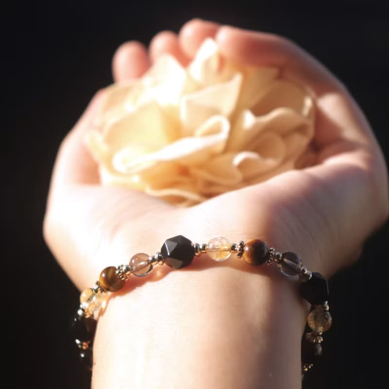 黑曜石-黃水晶-茶晶-虎眼石-招財-防小人-水晶手鍊