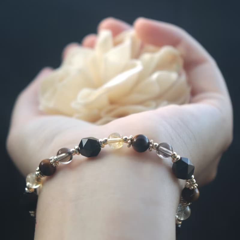 黑曜石-黃水晶-茶晶-虎眼石-招財-防小人-水晶手鍊