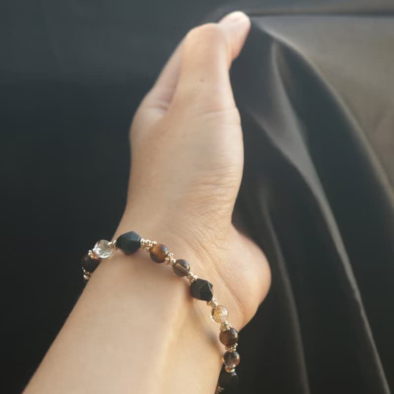 黑曜石-黃水晶-茶晶-虎眼石-招財-防小人-水晶手鍊