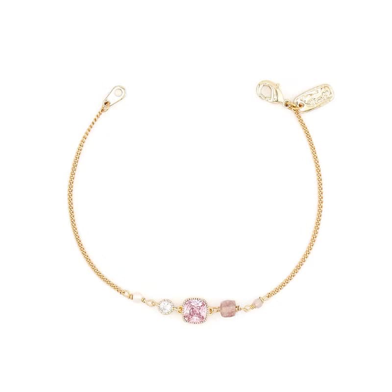 桃花 x 草莓晶 珍珠 鋯石 黃銅鍍18K金【莉莉安 • 破曉】手鍊