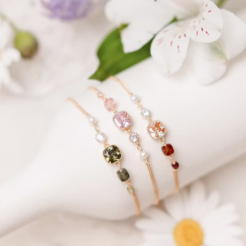 桃花 x 草莓晶 珍珠 鋯石 黃銅鍍18K金【莉莉安 • 破曉】手鍊