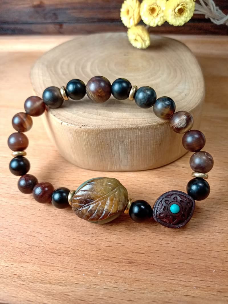 珠串雕刻手鍊 安居樂葉一葉致富/油青緬甸玉+霧木化