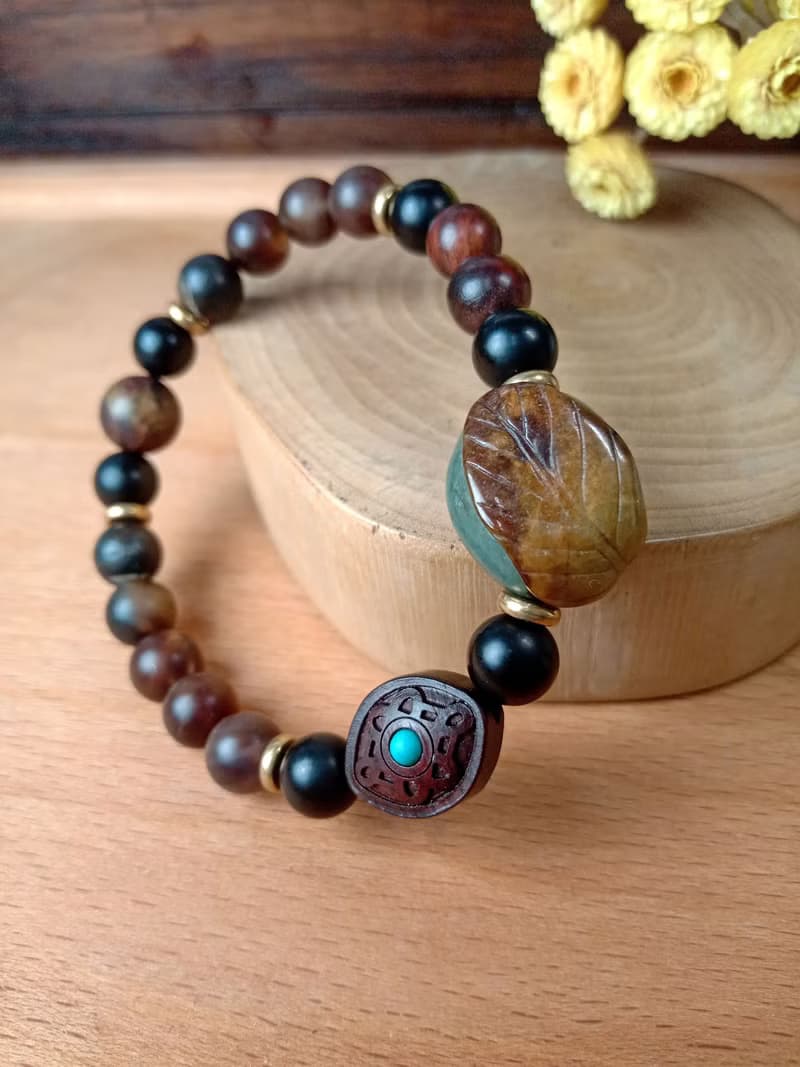 珠串雕刻手鍊 安居樂葉一葉致富/油青緬甸玉+霧木化