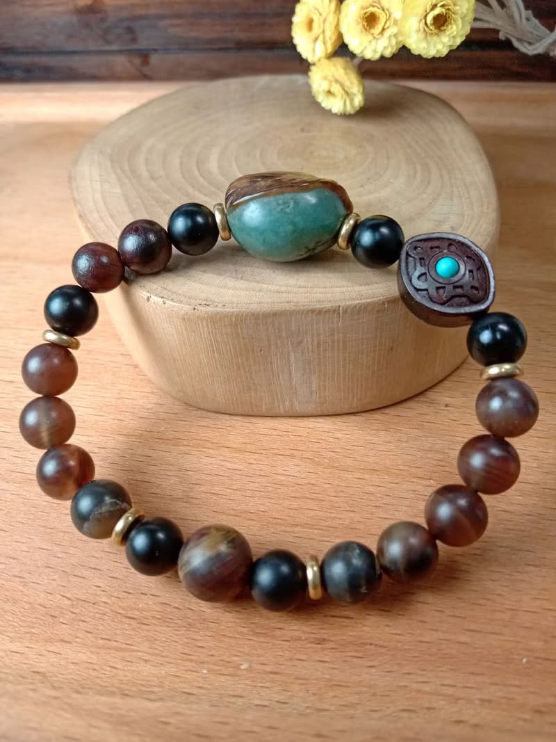 珠串雕刻手鍊 安居樂葉一葉致富/油青緬甸玉+霧木化