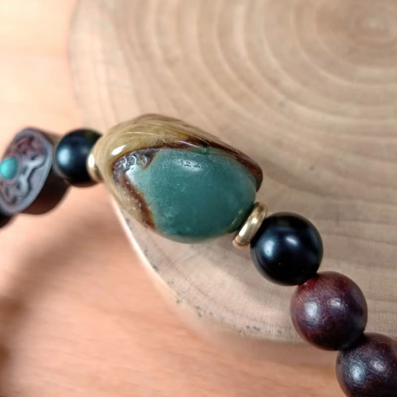 珠串雕刻手鍊 安居樂葉一葉致富/油青緬甸玉+霧木化