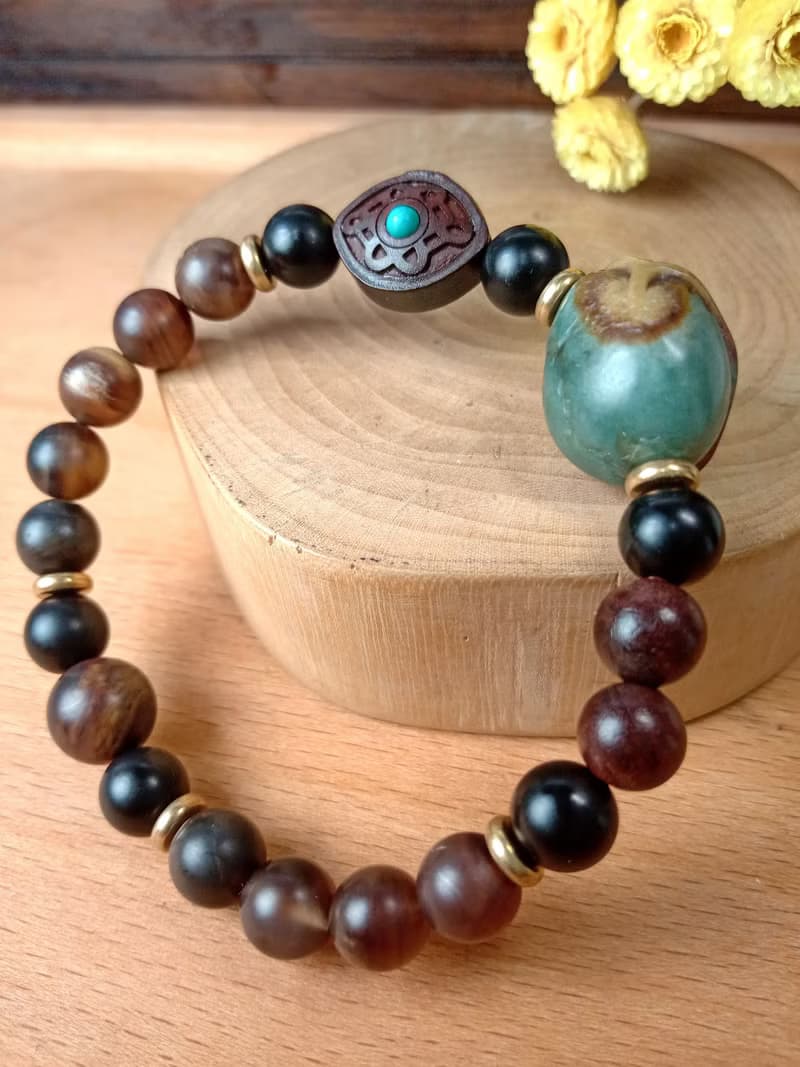 珠串雕刻手鍊 安居樂葉一葉致富/油青緬甸玉+霧木化