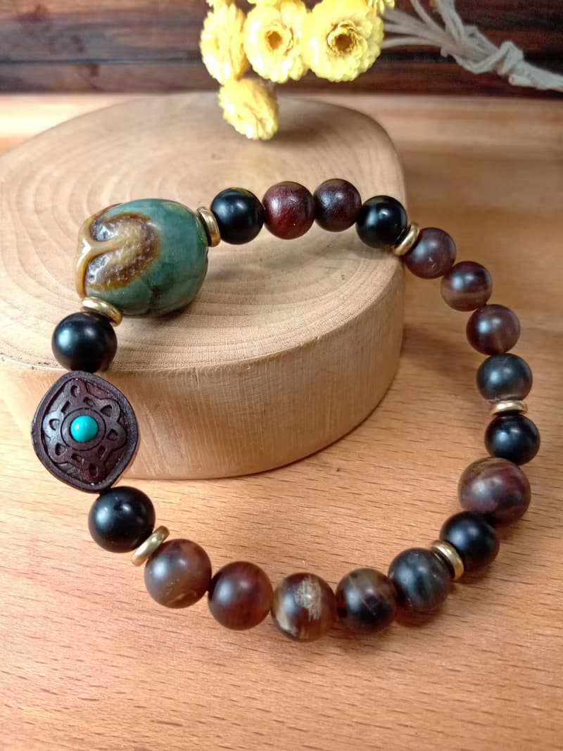 珠串雕刻手鍊 安居樂葉一葉致富/油青緬甸玉+霧木化