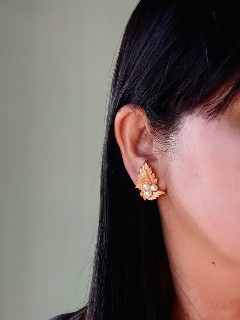 vintage jewelry SARAH COV刷金蕨葉珍珠 夾式耳環