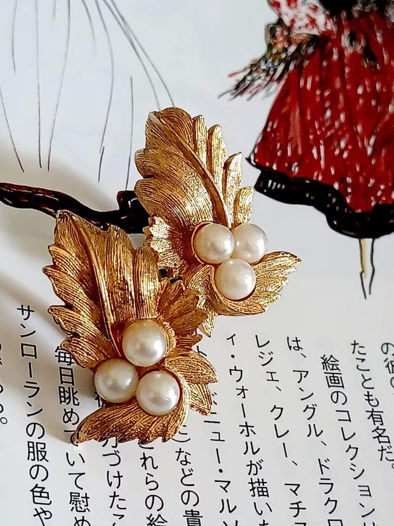 vintage jewelry SARAH COV刷金蕨葉珍珠 夾式耳環