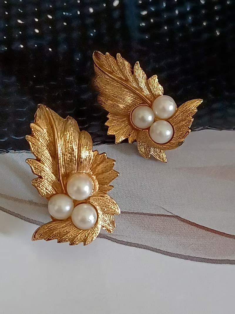 vintage jewelry SARAH COV刷金蕨葉珍珠 夾式耳環