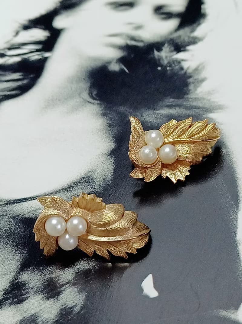 vintage jewelry SARAH COV刷金蕨葉珍珠 夾式耳環