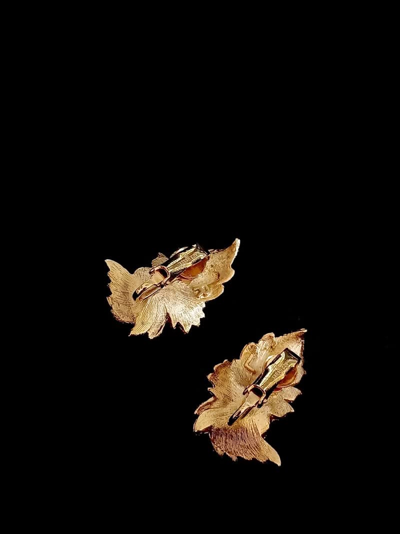 vintage jewelry SARAH COV刷金蕨葉珍珠 夾式耳環