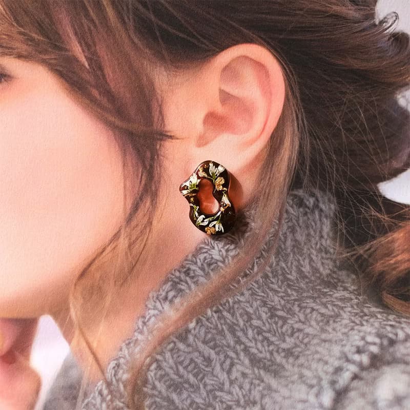 【茜作】乾燥花手工定制 耳釘 耳環 耳夾 耳針 咖色 流水形 設計