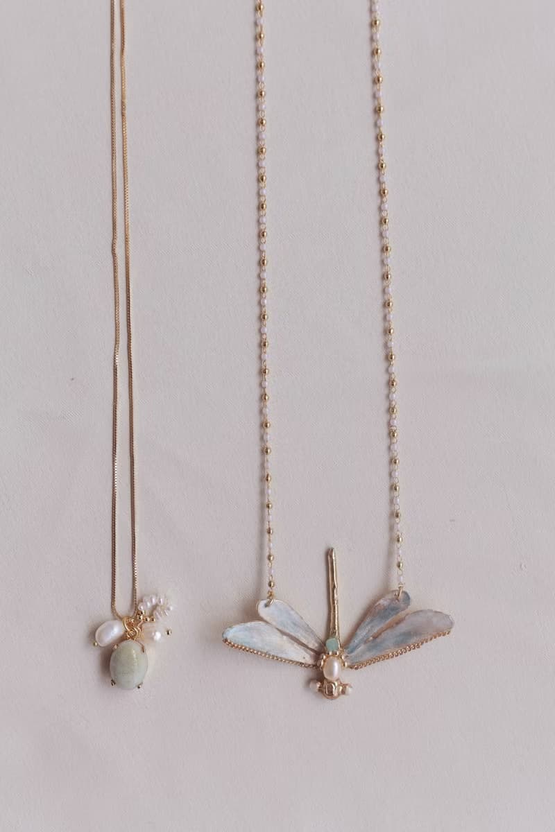 蜻蜓 水晶 珍珠 天河石 礦石 雙層項鍊