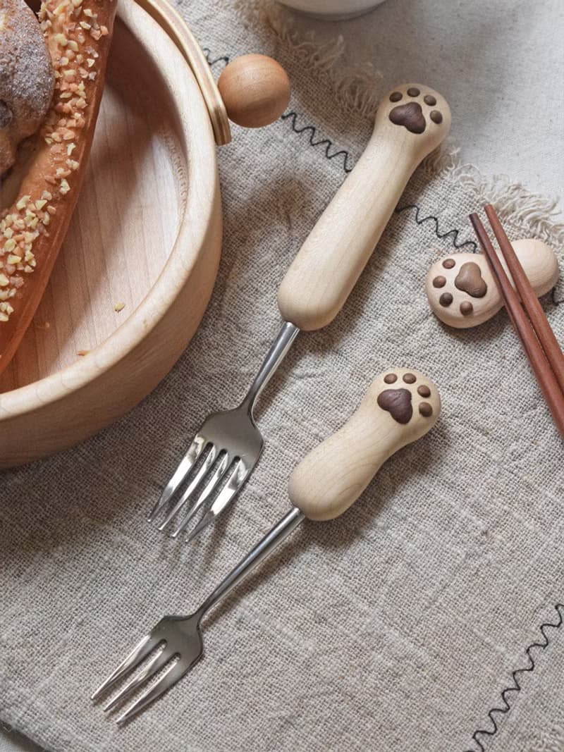 喵有型貓爪勺叉可愛湯飯勺意面牛排水果叉實木精緻不鏽鋼餐具套裝