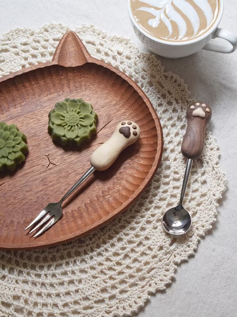 喵有型貓爪勺叉可愛湯飯勺意面牛排水果叉實木精緻不鏽鋼餐具套裝