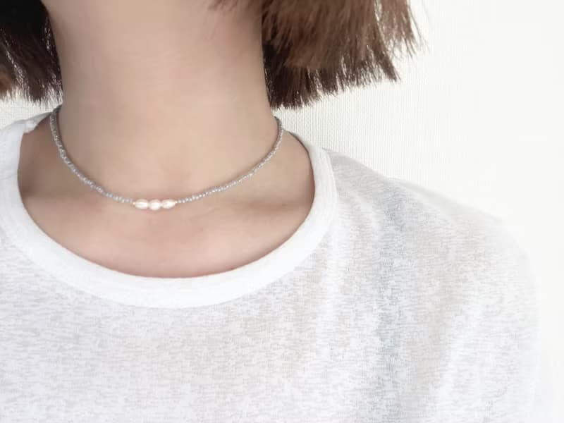 マグネット着脱　ビーズチョーカー　  【　gray 3pearl　】　ビーズネックレス