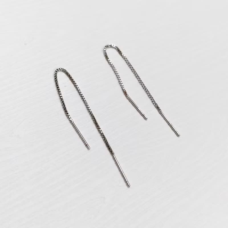 巧克力條925純銀長垂墜耳環  (細版) 優雅配戴款