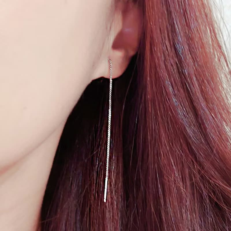 巧克力條925純銀長垂墜耳環  (細版) 優雅配戴款