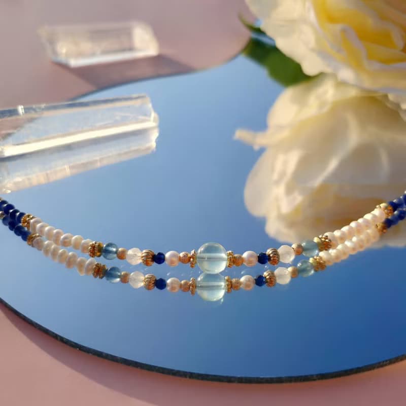 雋永。水漾 海水藍寶 淡水珍珠 月光石 14K包金 水晶礦石設計手鍊