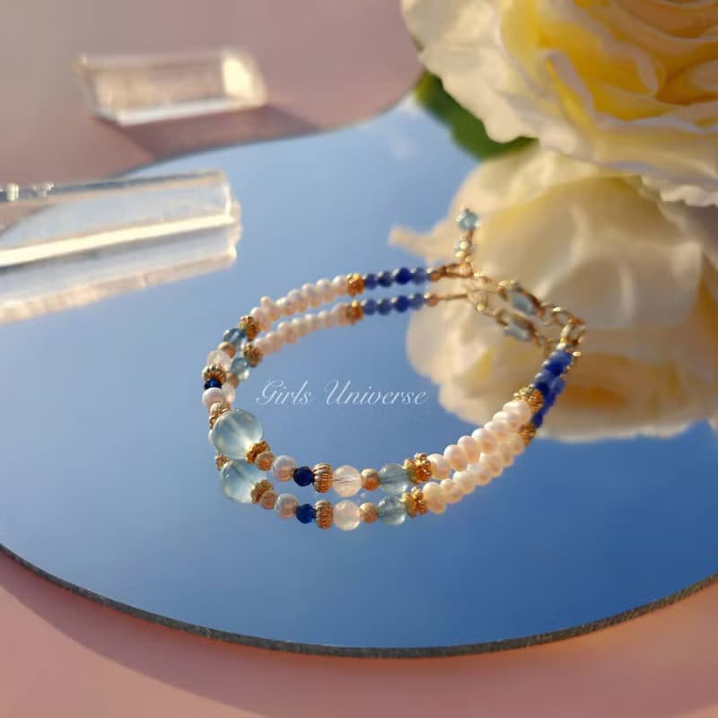 雋永。水漾 海水藍寶 淡水珍珠 月光石 14K包金 水晶礦石設計手鍊