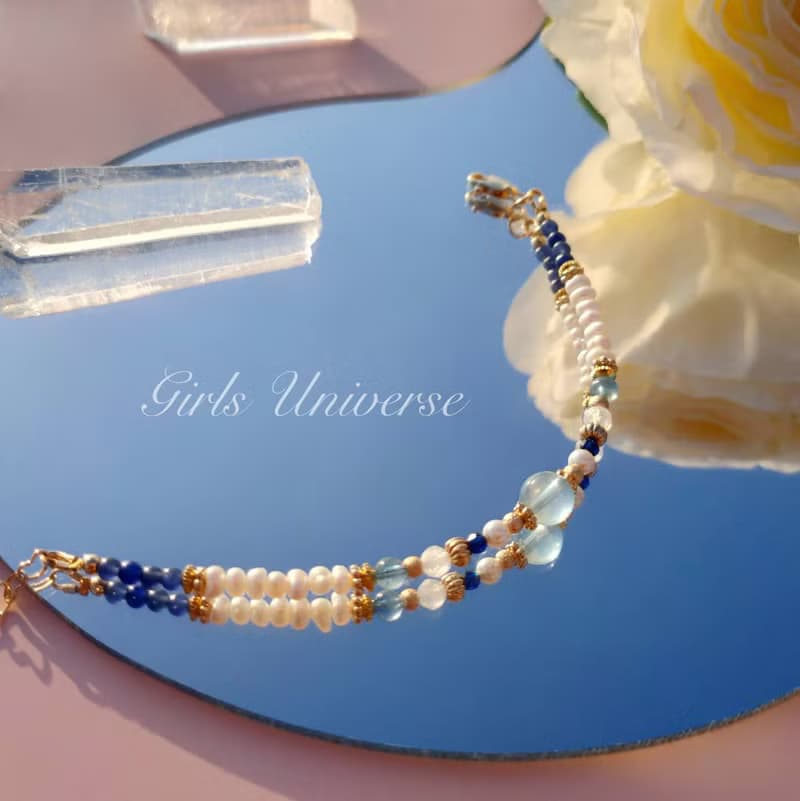 雋永。水漾 海水藍寶 淡水珍珠 月光石 14K包金 水晶礦石設計手鍊