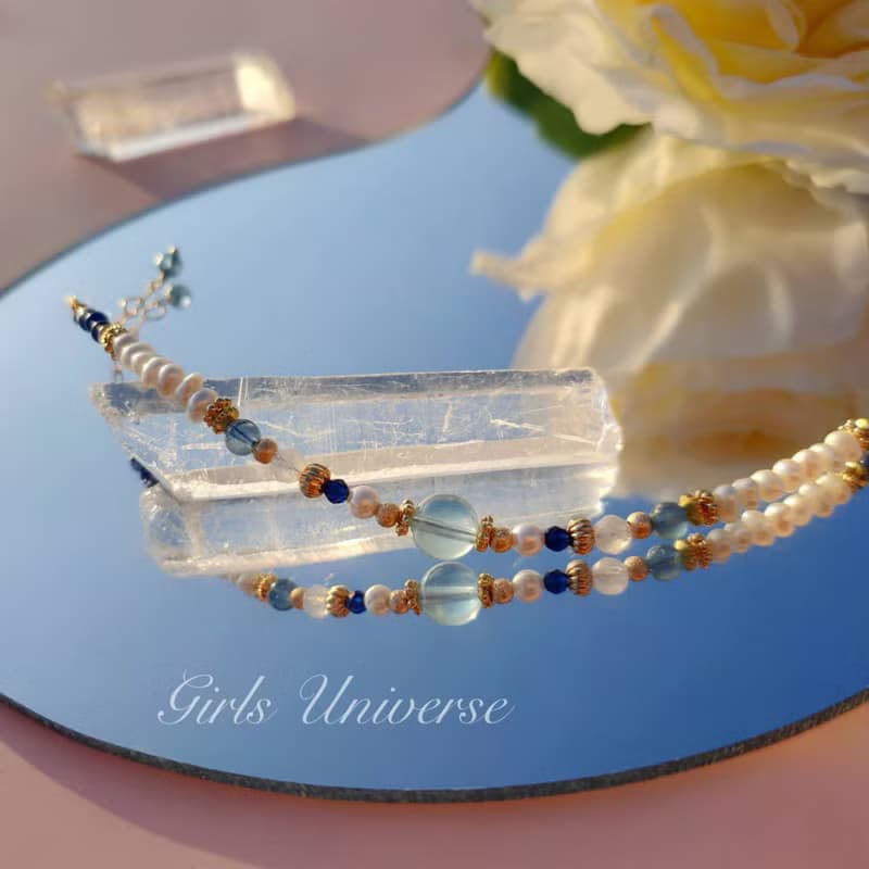 雋永。水漾 海水藍寶 淡水珍珠 月光石 14K包金 水晶礦石設計手鍊