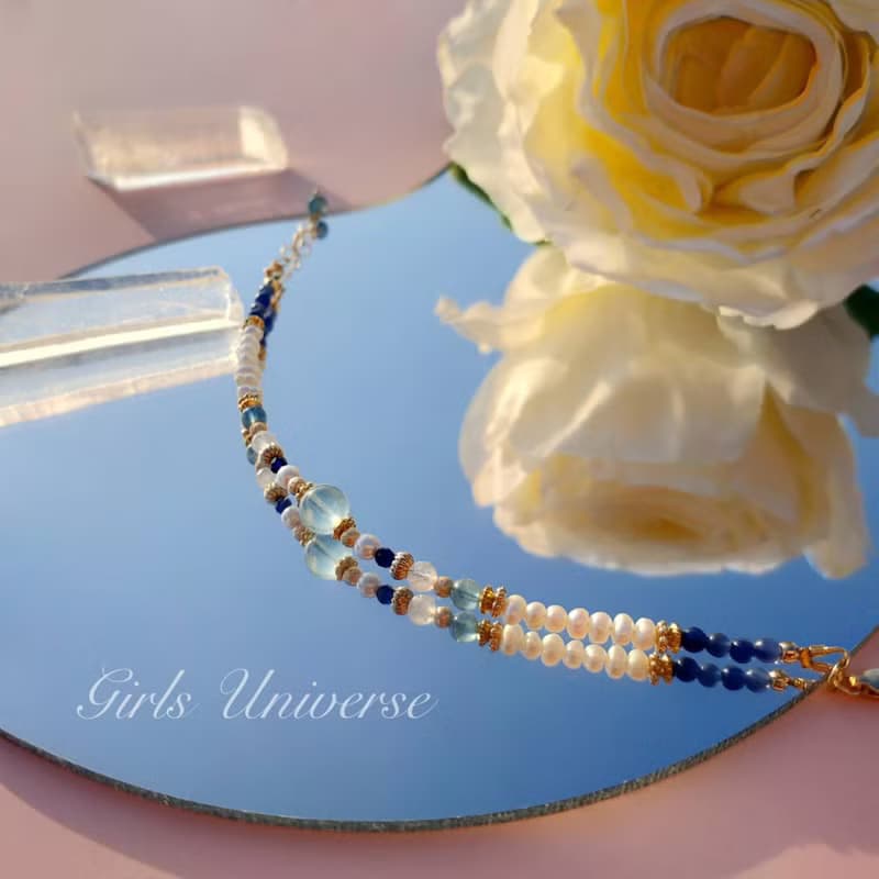 雋永。水漾 海水藍寶 淡水珍珠 月光石 14K包金 水晶礦石設計手鍊