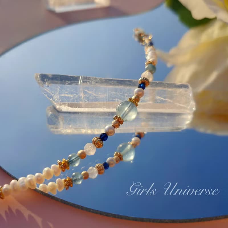 雋永。水漾 海水藍寶 淡水珍珠 月光石 14K包金 水晶礦石設計手鍊