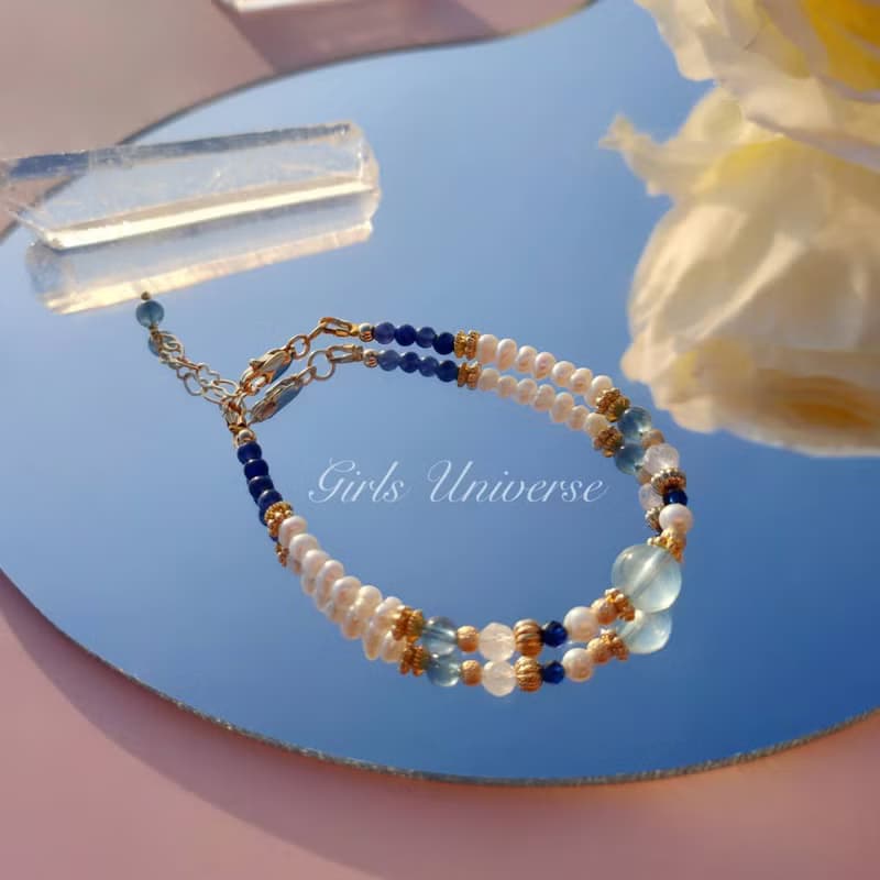 雋永。水漾 海水藍寶 淡水珍珠 月光石 14K包金 水晶礦石設計手鍊