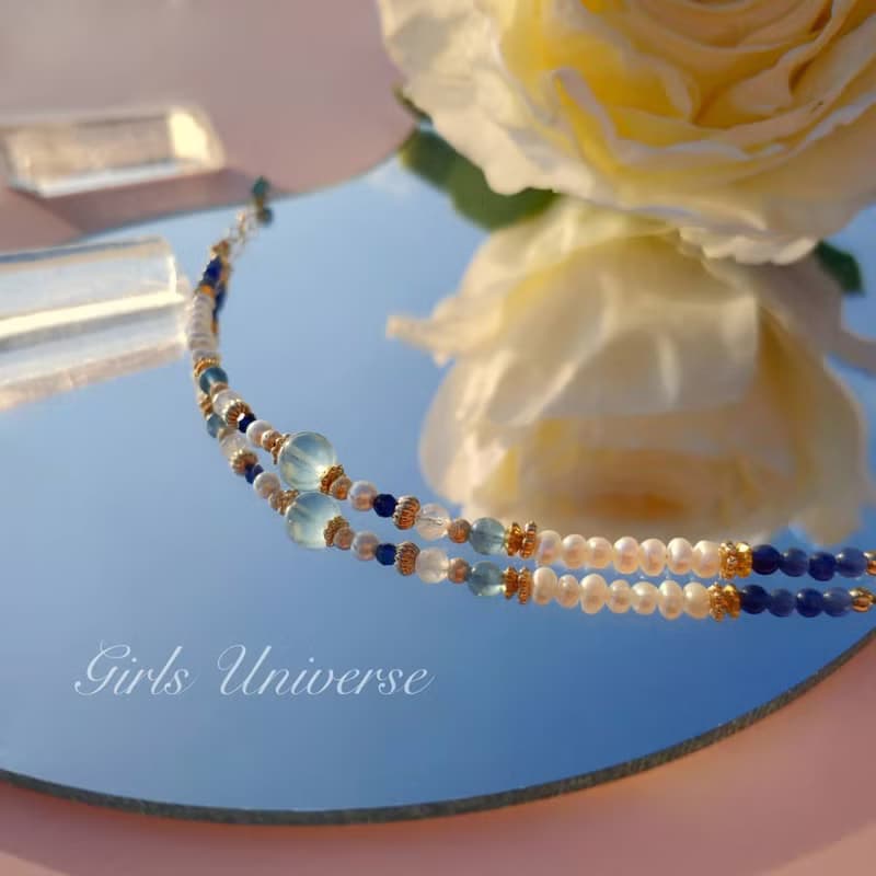 雋永。水漾 海水藍寶 淡水珍珠 月光石 14K包金 水晶礦石設計手鍊